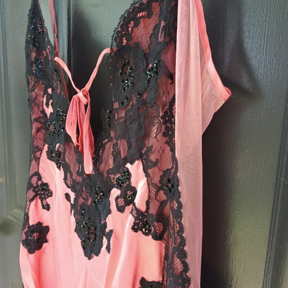 Jacalyn Bennett Fredericks of Hollywood Nightgown Lace 100% Silk Pink/Peach Blk - Picture 7 of 14